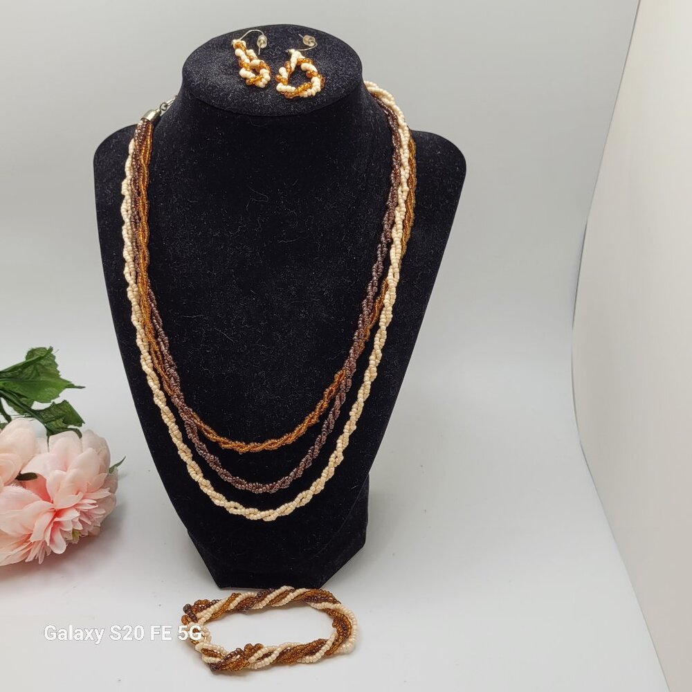 VTG Brown Gold Glass Seed Beaded Multi Strand Necklace Bracelet Earrings Set